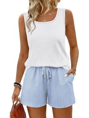 🆕Women Blue Vertical 2 Piece Sets Summer Lounge Short Sets Tank Square Neck
